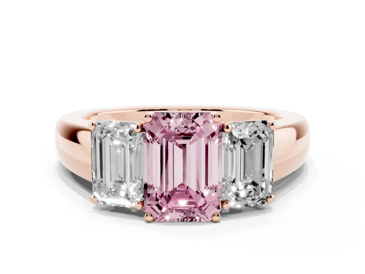 Fancy Pink Three-Stone Emerald Cut Cut Diamond Ring with Prong Setting and Classic Band Rose gold