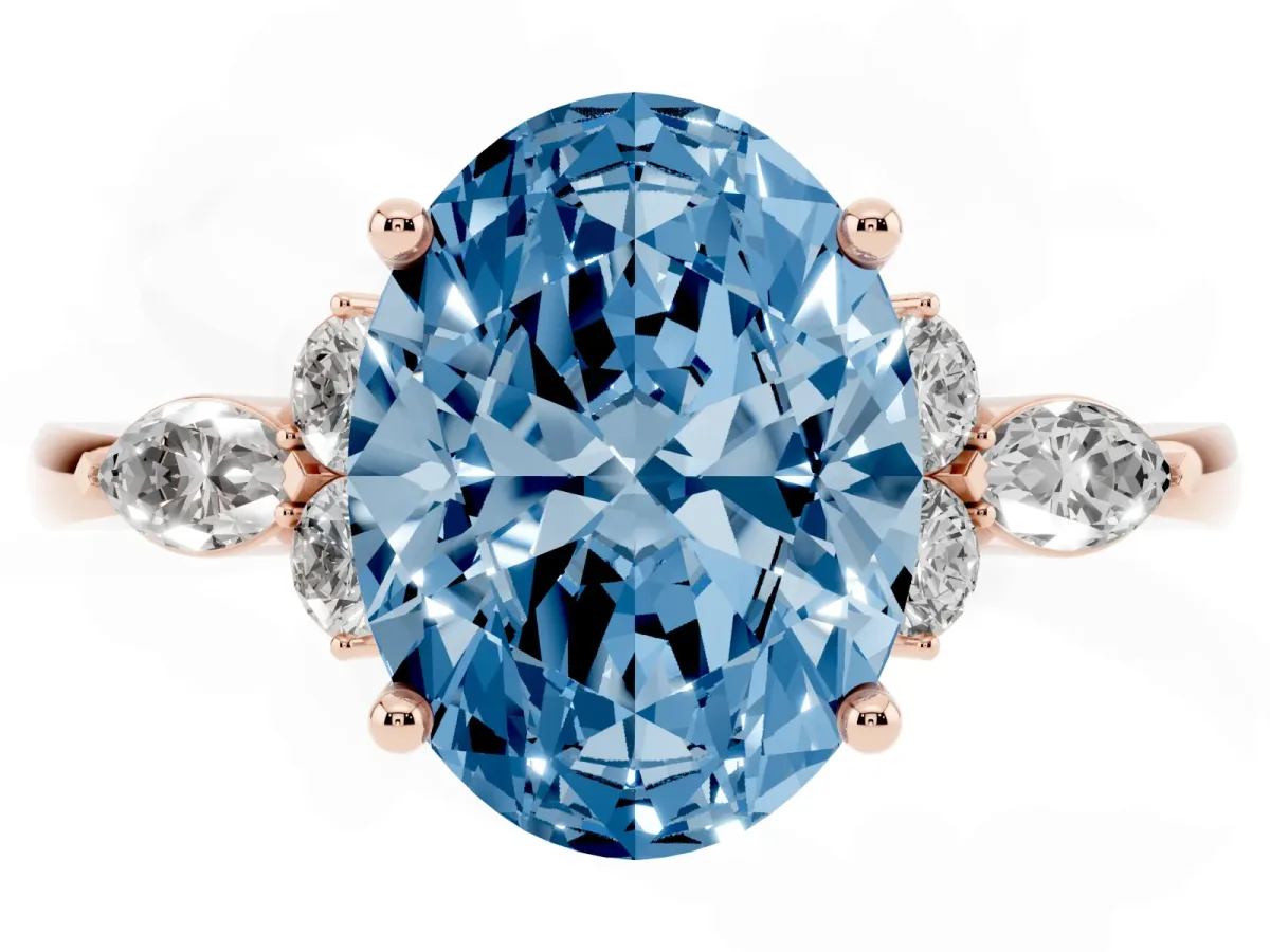 Fancy Blue Oval Cut Brilliant Diamond Solitaire Ring with Pear Side Stones and Four-Prong Setting Rose gold
