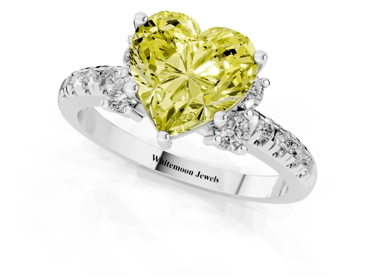 Fancy Yellow Heart Cut Diamond Three-Stone Pave Band with Four-Prong Setting Silver