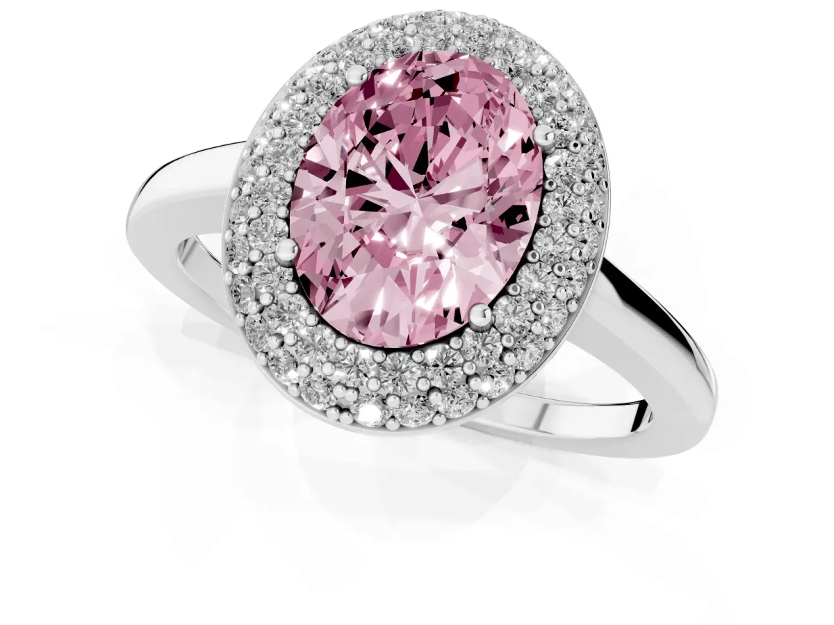 Fancy Pink Oval Cut Halo Diamond Engagement Ring with Solitaire Band and Four-Prong Setting Platinum
