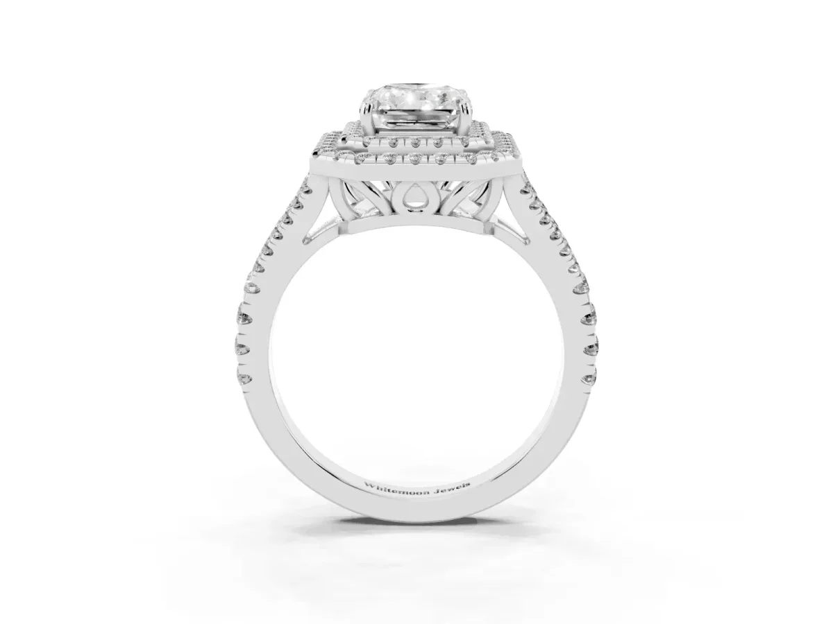 Radiant Cut Diamond Double Halo Ring with Pavé Band and Prong Setting Silver