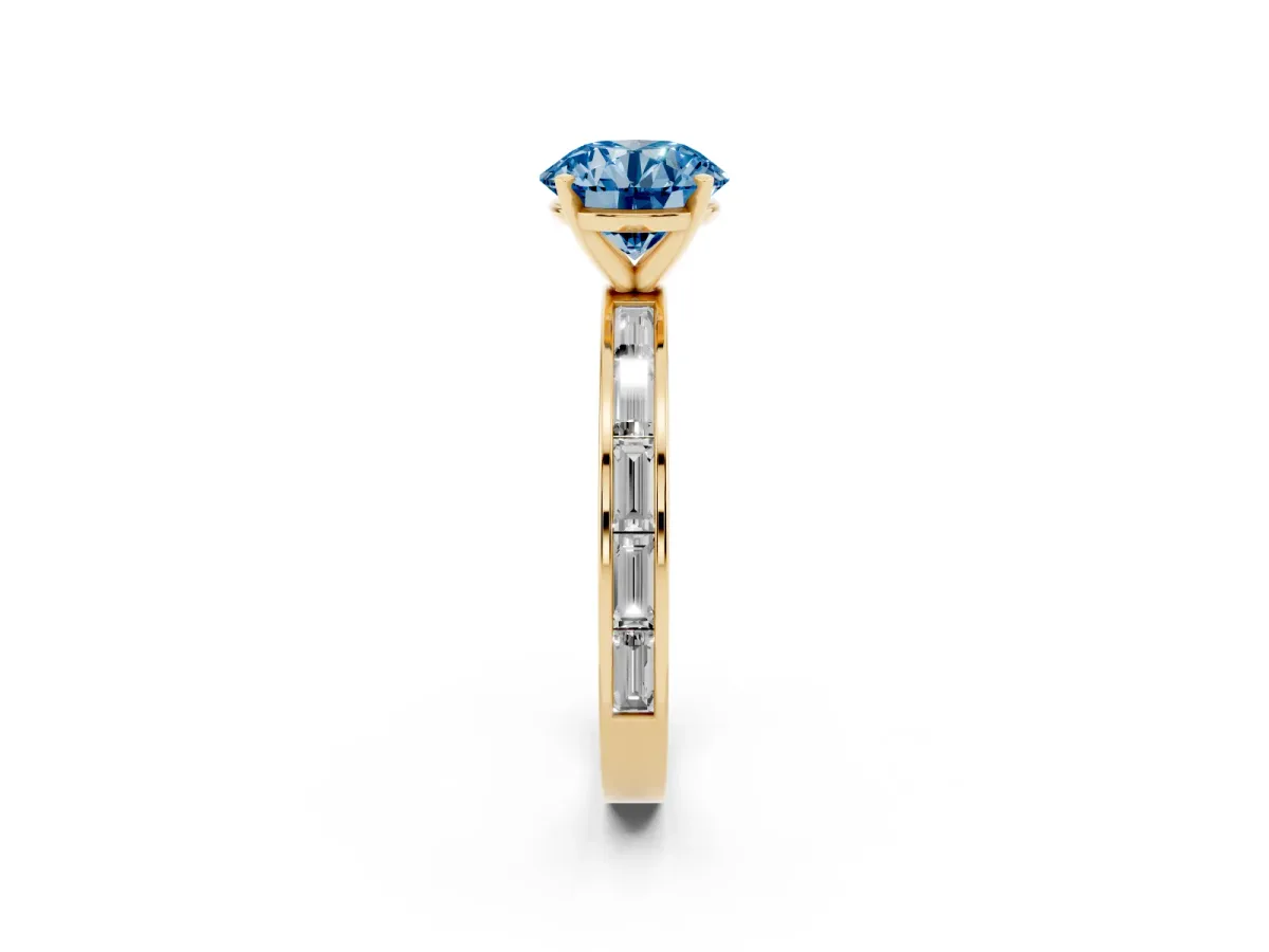 Fancy Blue Round Cut Solitaire Diamond Ring with Channel-Set Baguette Band and Four-Prong Setting Yellow gold