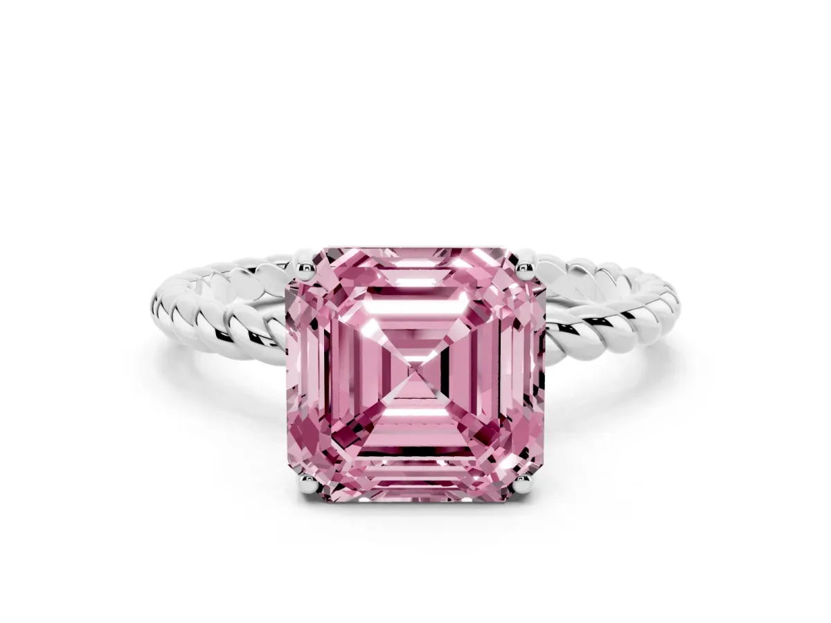 Fancy Pink Asscher Cut Solitaire Twist Band Ring with Four-Prong Setting Silver