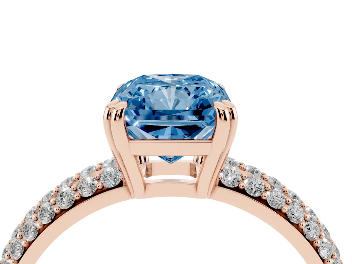 Fancy Blue Radiant Cut Diamond Solitaire Ring with Multi-Row Round Pavé Band and Prong Setting Rose gold