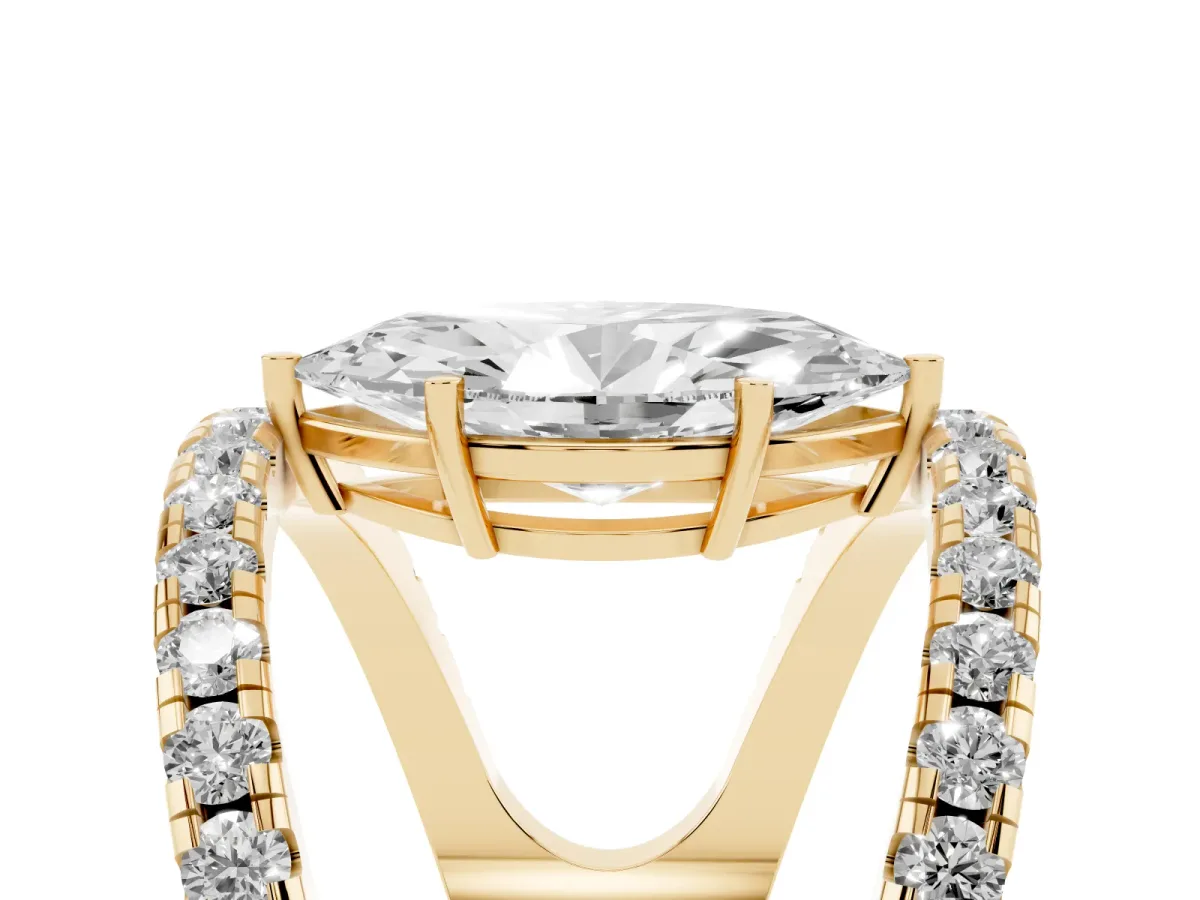 Marquise Cut Solitaire Split Shank Pave Diamond Ring Yellow gold