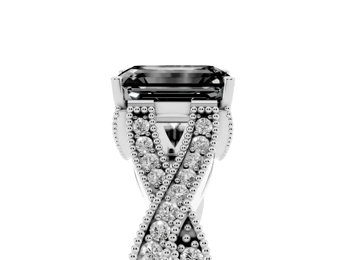 Fancy Black Emerald Cut Cut Diamond Twisted Band with Milgrain Pave Setting and Four-Prong Setting Silver