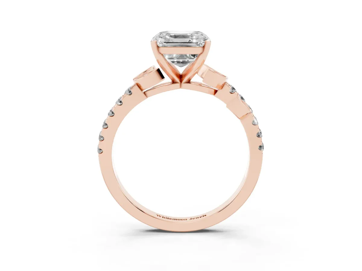 Asscher Cut Solitaire Leaf-Inspired Diamond Ring with Pavé Band and Four-Prong Setting Rose gold