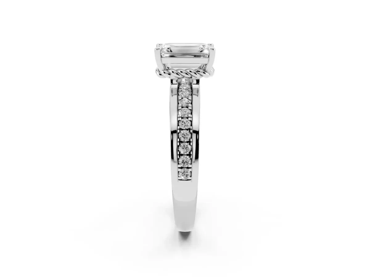 Emerald Cut Solitaire Diamond Ring with Channel Set Band and Six-Prong Setting Silver