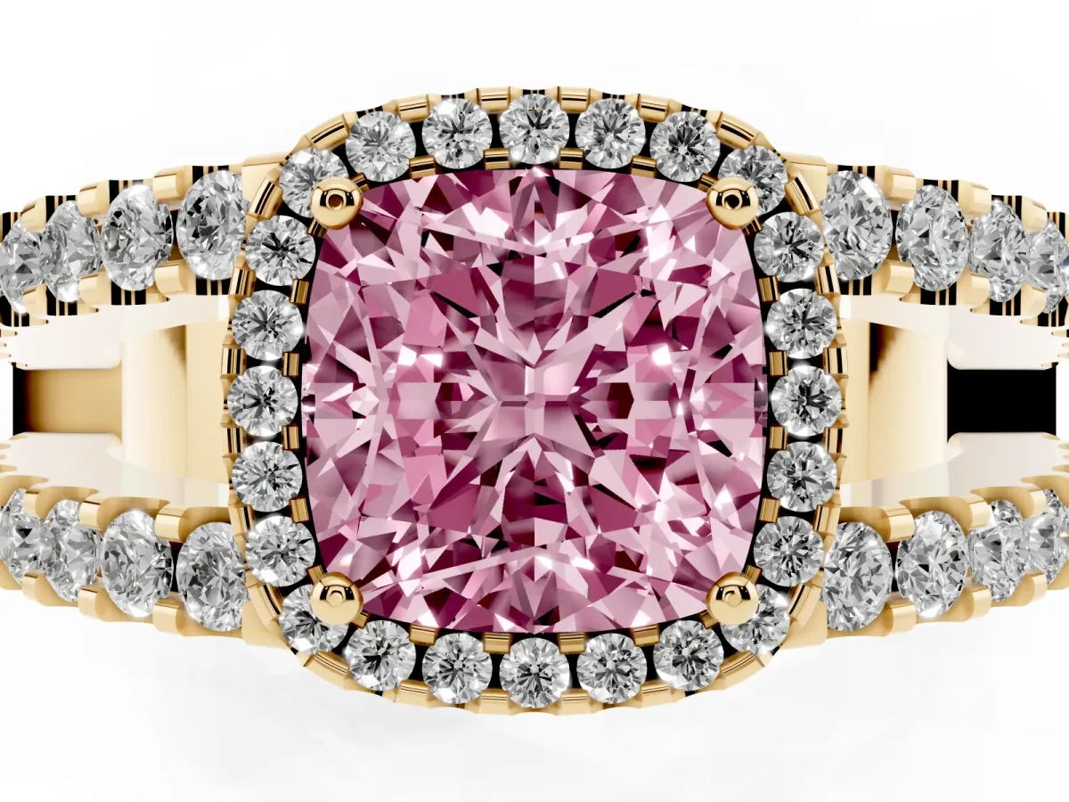 Fancy Pink Cushion Cut Cut Halo Split Shank Diamond Ring with Four-Prong Setting Yellow gold