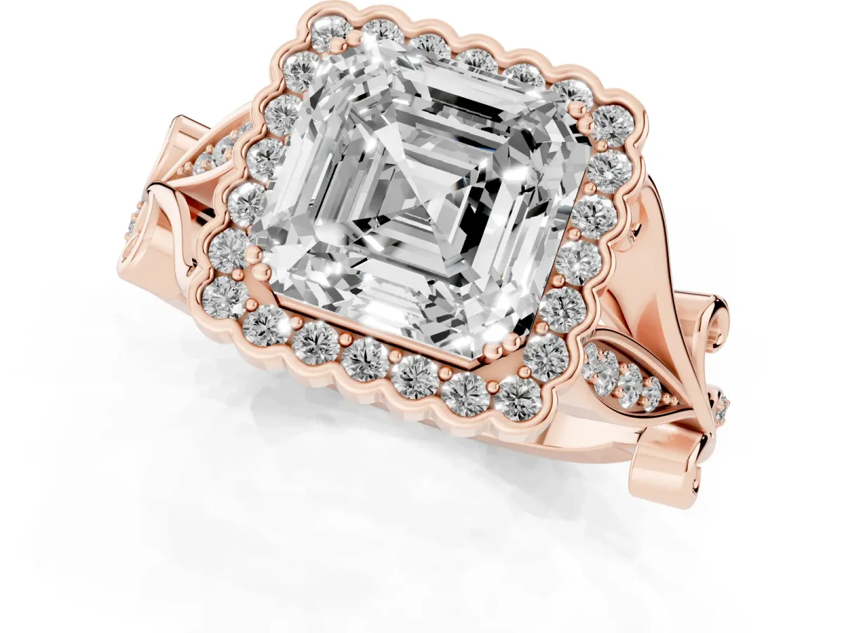 Asscher Cut Diamond Halo Ring with Vintage Split Shank and Four-Prong Setting Rose gold