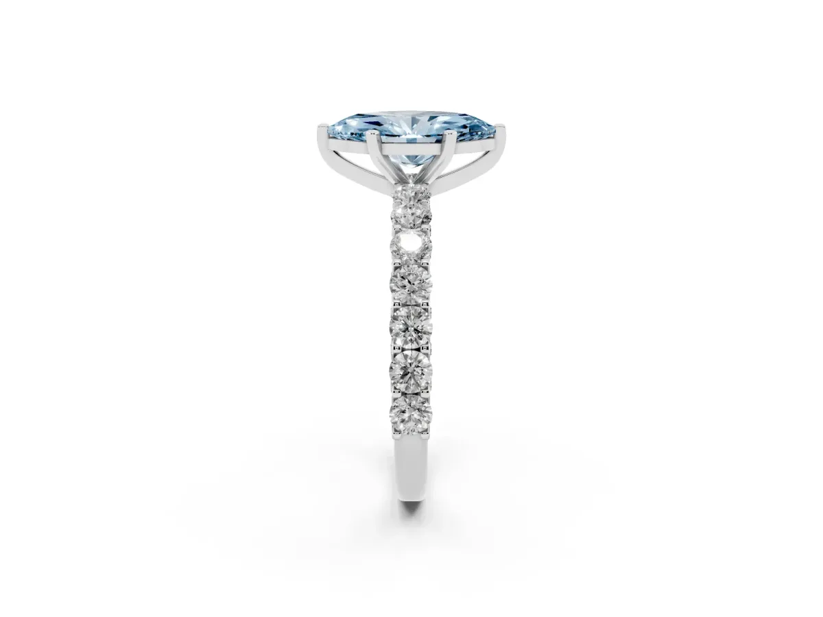 Fancy Blue Marquise Cut Diamond Solitaire Ring with Shared Prong Pavé Band and Four-Prong Setting Silver