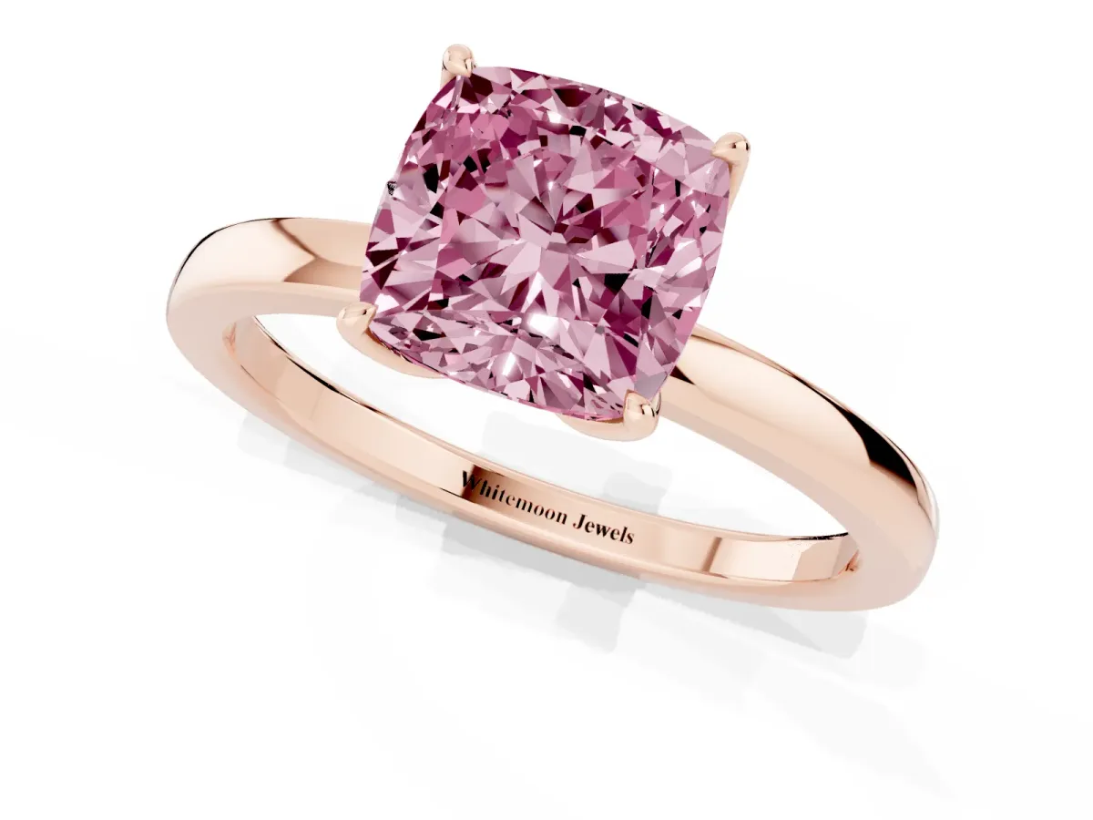 Fancy Pink Cushion Cut Diamond Solitaire Ring with Thin Band and Prong Setting Rose gold