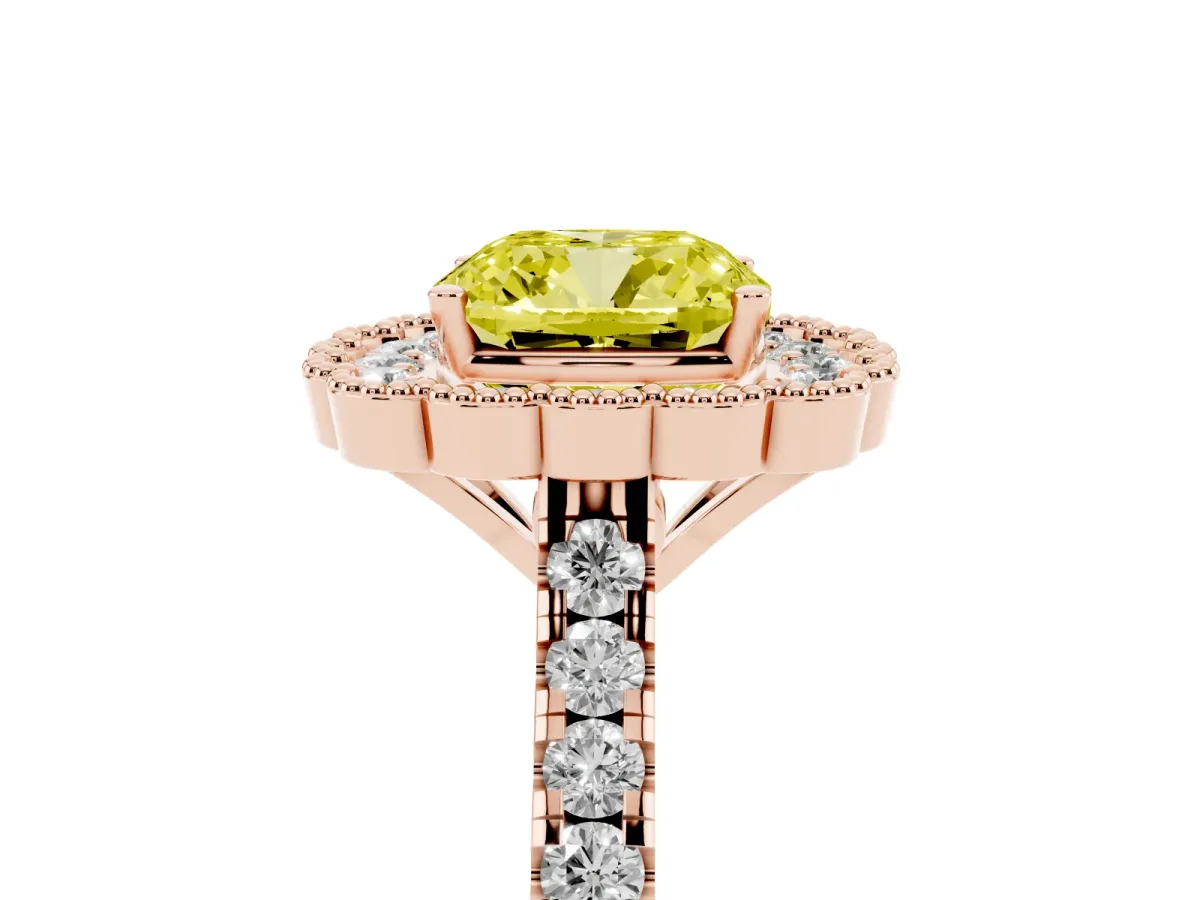 Fancy Yellow Cushion Cut Cut Diamond Milgrain Floral Halo Engagement Ring with Pavé Band Rose gold