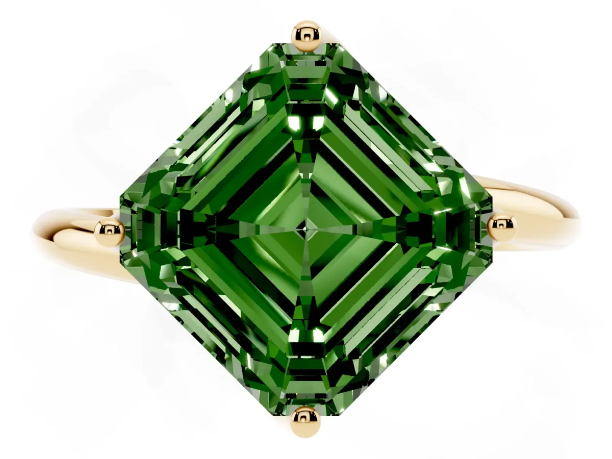 Fancy Green Asscher Cut Diamond Solitaire Engagement Ring with Four-Prong Setting and Classic Band Yellow gold
