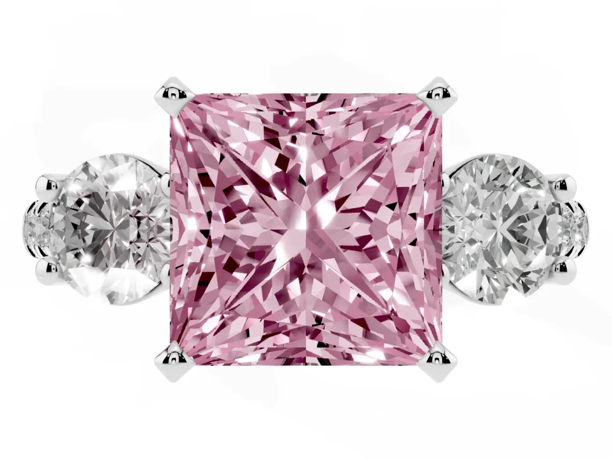Fancy Pink Three-Stone Princess Cut Diamond Pavé Band with Four-Prong Setting Silver