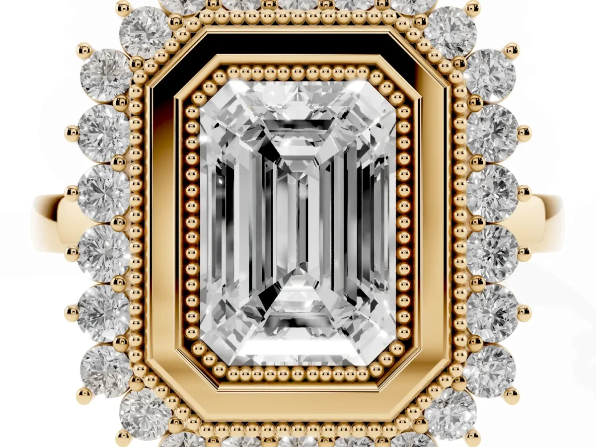 Emerald Cut Halo Diamond Ring with Milgrain Edge and Round Prong Setting Yellow gold