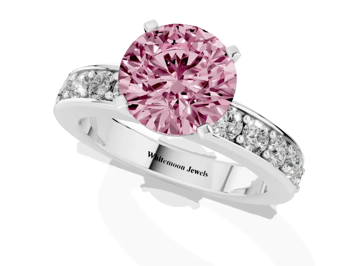 Fancy Pink Round Cut Diamond Engagement Ring with Channel Set Round Band and Prong Setting Silver