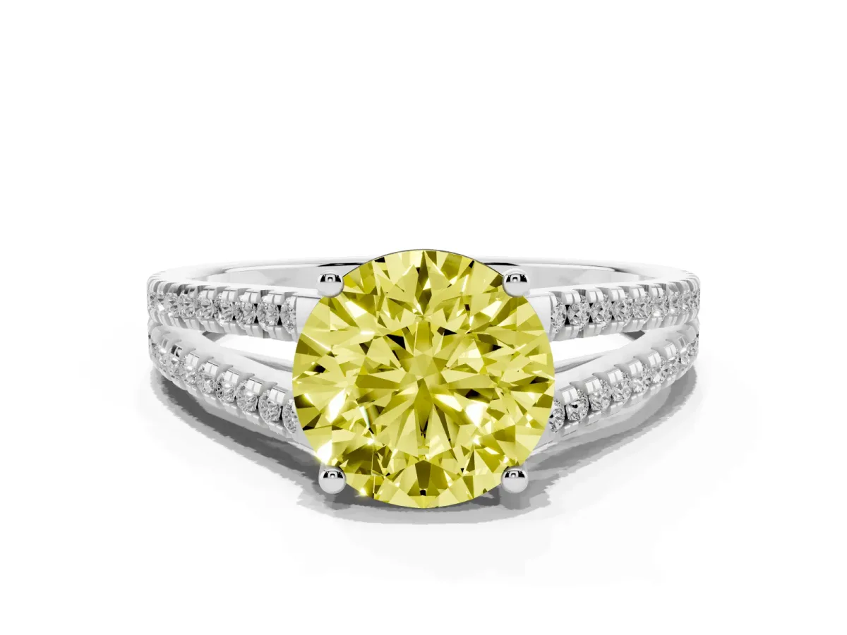 Fancy Yellow Round Cut Diamond Solitaire Engagement Ring with Split Shank Pavé Band Silver