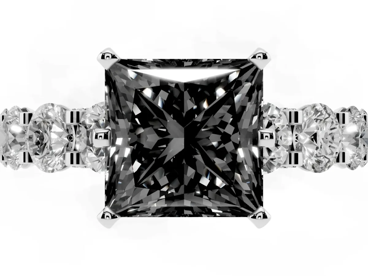 Fancy Black Princess Cut Diamond Side Stone Engagement Ring with Four-Prong Setting Platinum