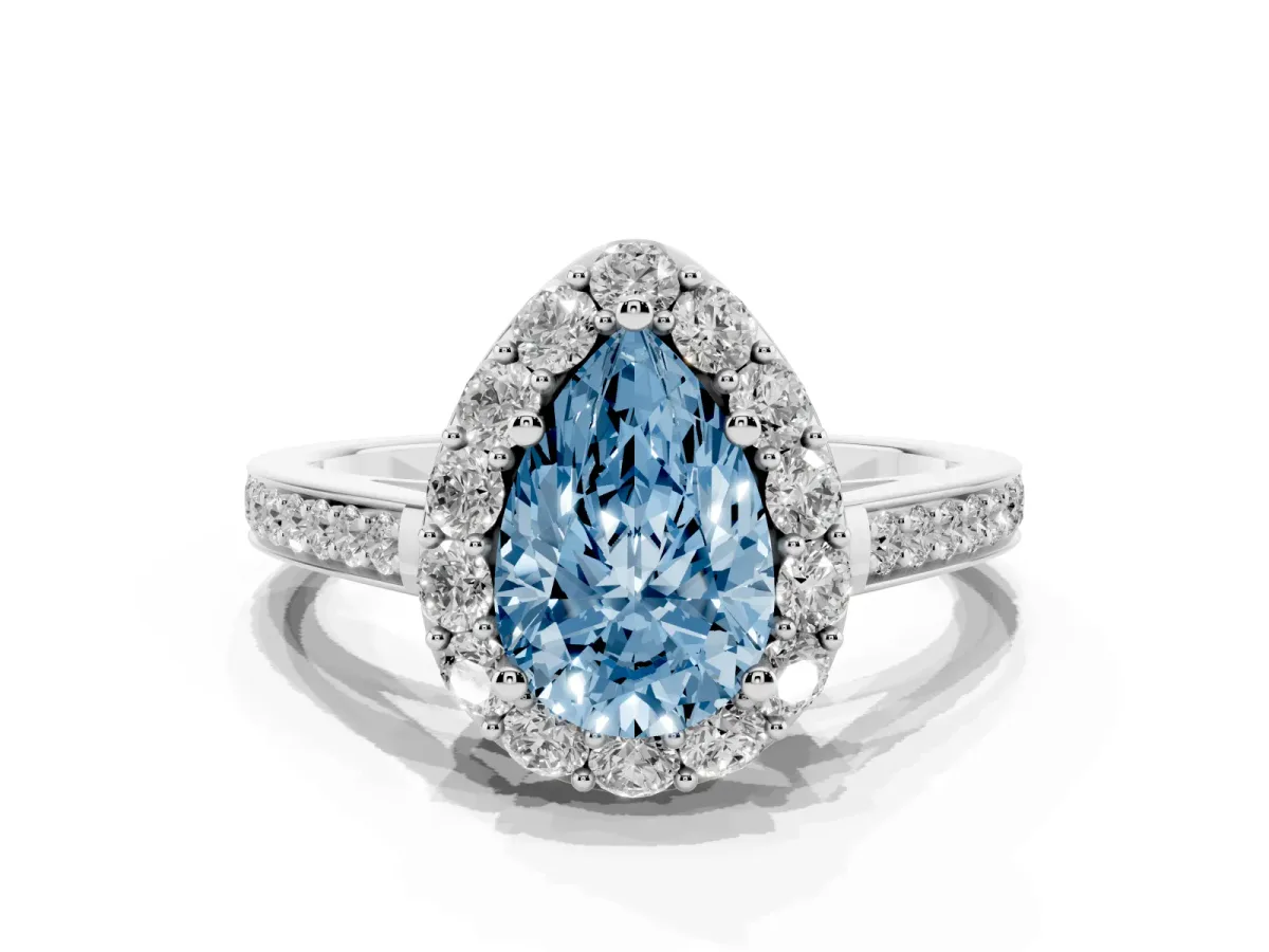 Fancy Blue Pear Cut Diamond Floral Halo Ring with Pavé Band and Prong Setting White gold