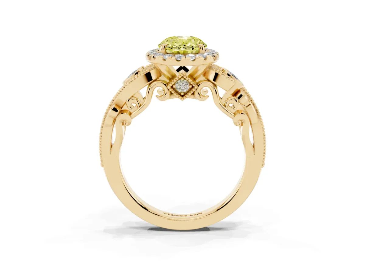 Fancy Yellow Oval Cut Diamond Halo Ring with Milgrain Pavé Band and Four-Prong Setting Yellow gold