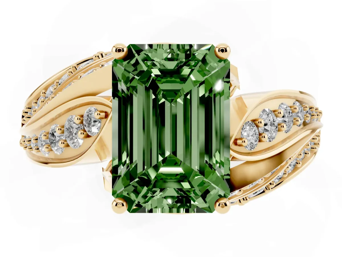 Fancy Green Emerald Cut Diamond Solitaire Ring with Prong Setting and Twisted Pavé Band Yellow gold