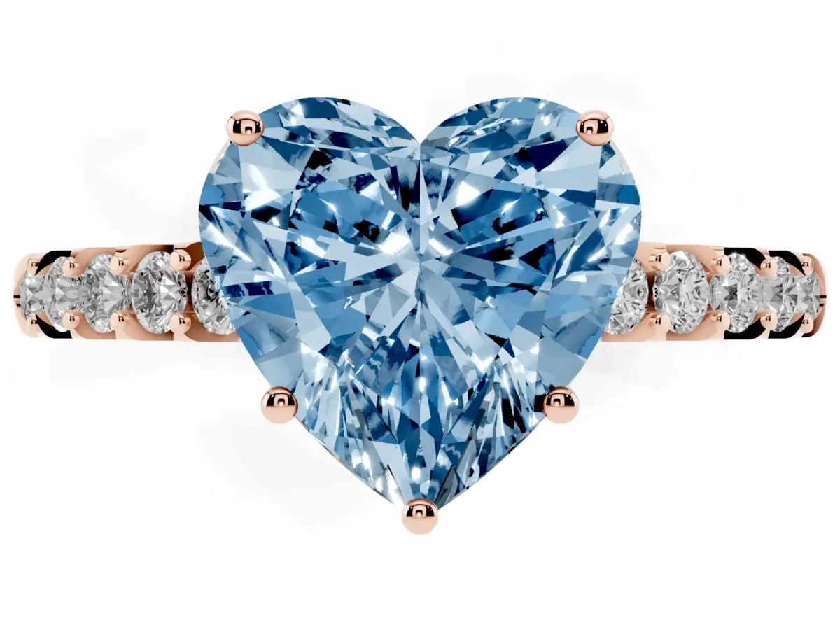 Fancy Blue Heart Cut Solitaire Diamond Engagement Ring with Pavé Band and Six-Prong Setting Rose gold