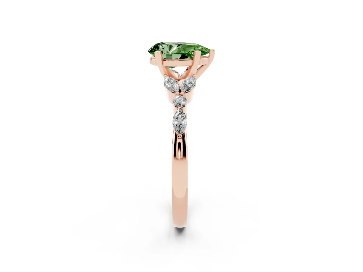 Fancy Green Pear Cut Diamond Solitaire Ring with Side Stones and Four-Prong Setting Rose gold