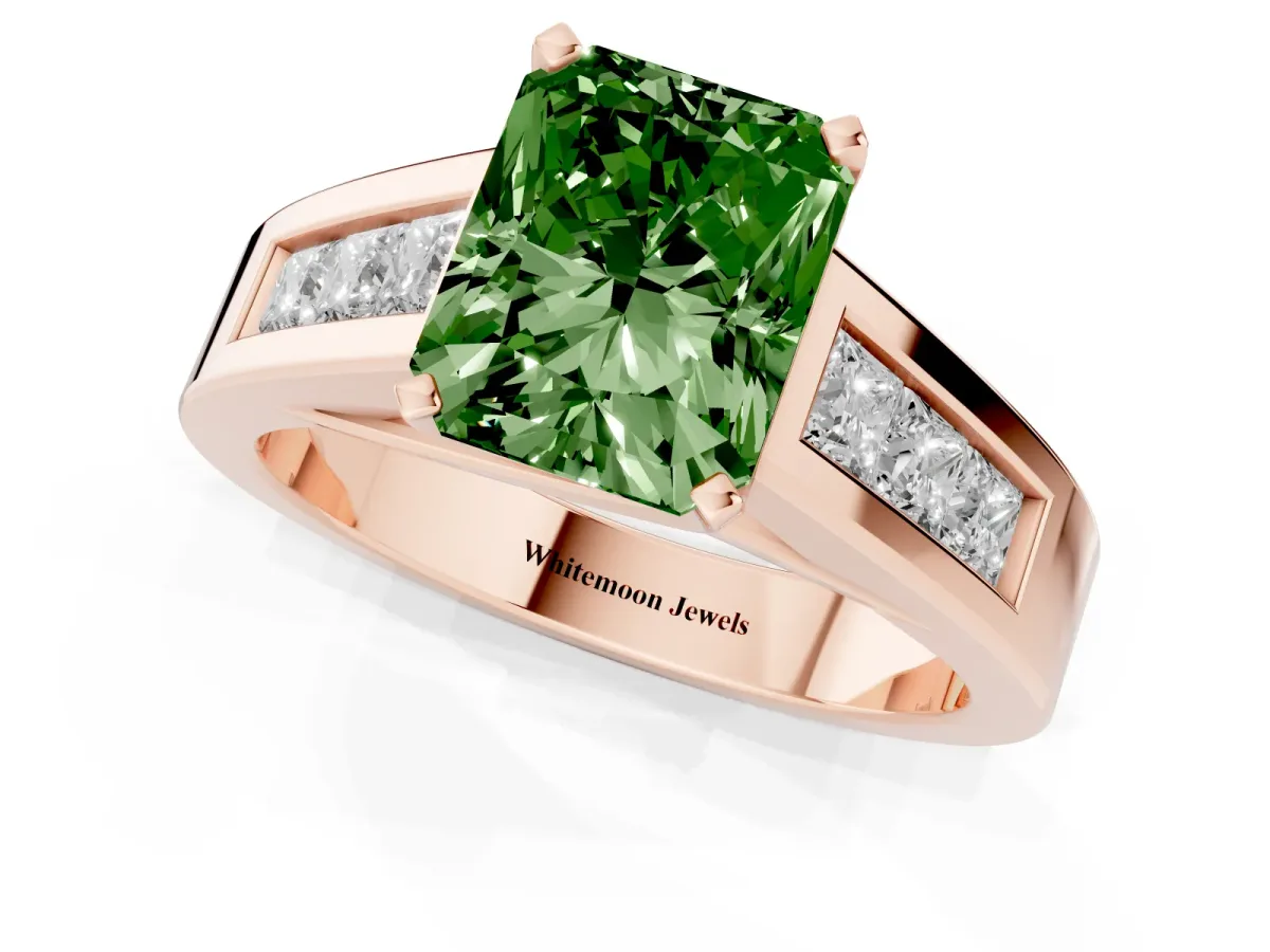 Fancy Green Radiant Cut Cut Channel Set Solitaire Ring with Four-Prong Setting Rose gold