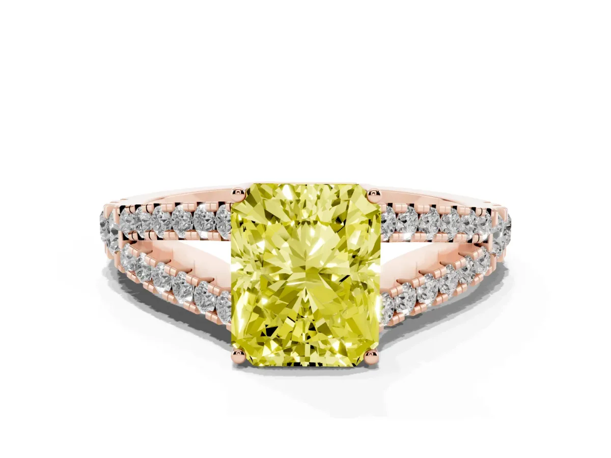 Fancy Yellow Radiant Cut Diamond Split Shank Engagement Ring with Round Pavé and Prong Setting Rose gold