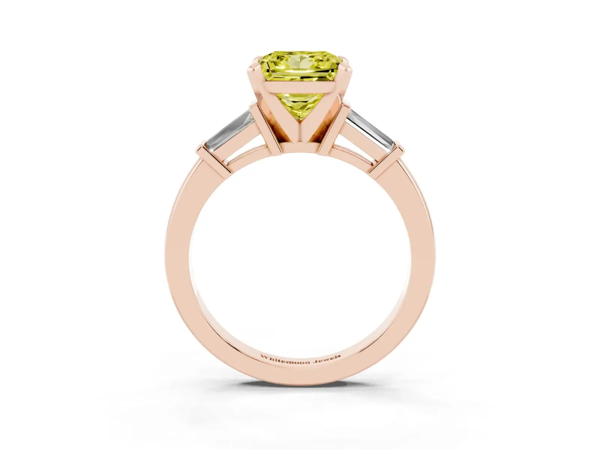 Fancy Yellow Princess Cut Cut Diamond Solitaire Ring with Tapered Baguette Accents and Four-Prong Setting Rose gold