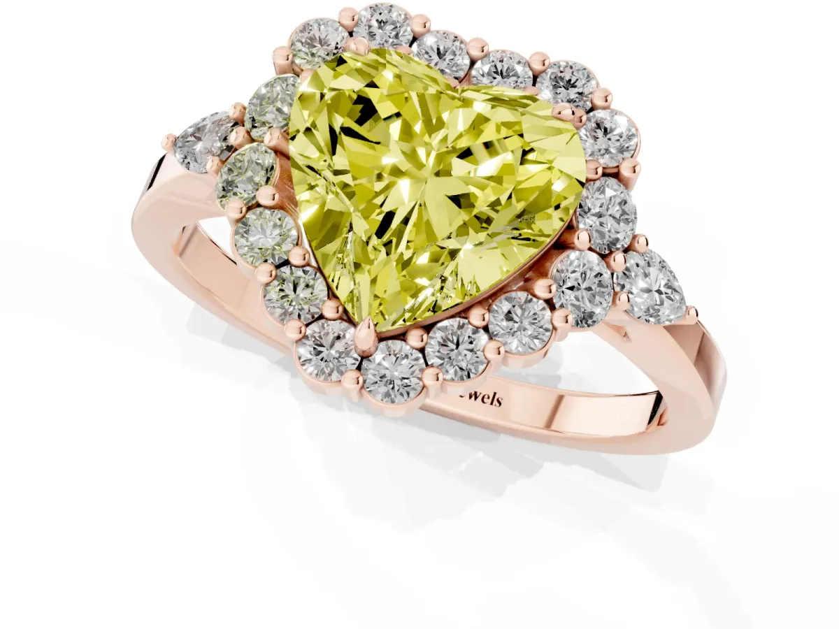 Fancy Yellow Heart Cut Diamond Halo Ring with Pear Side Stones and Prong Setting Rose gold