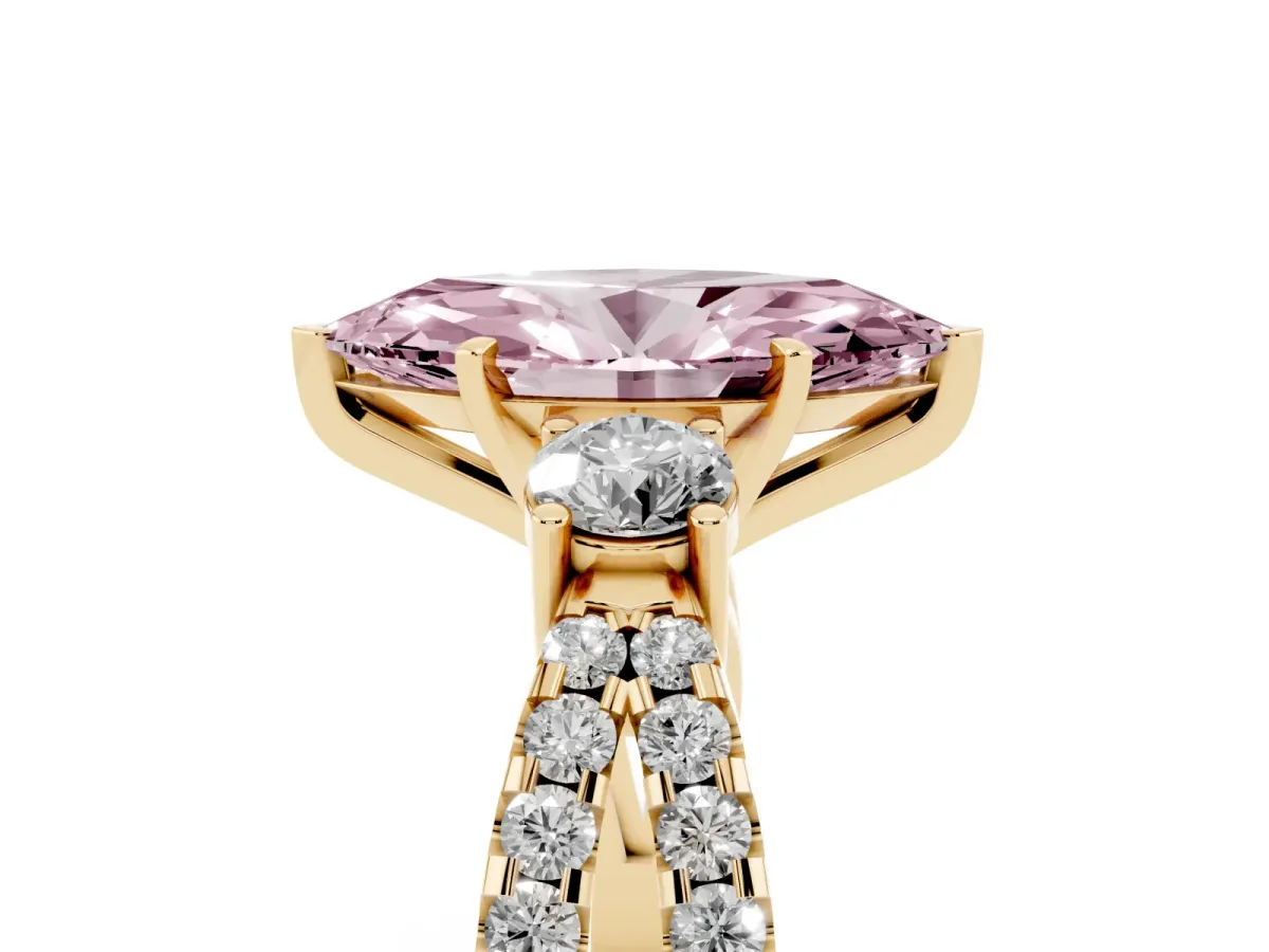 Fancy Pink Marquise Cut Diamond Three-Stone Ring with Pavé Split Shank and Four-Prong Setting Yellow gold
