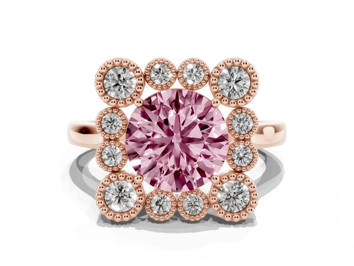 Fancy Pink Round Cut Halo Diamond Cluster Engagement Ring with Milgrain Bezel Setting and Solitaire Band Rose gold