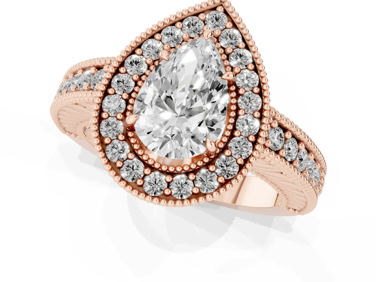 Pear Cut Cut Halo Diamond Ring with Pavé Band and Four-Prong Setting Rose gold