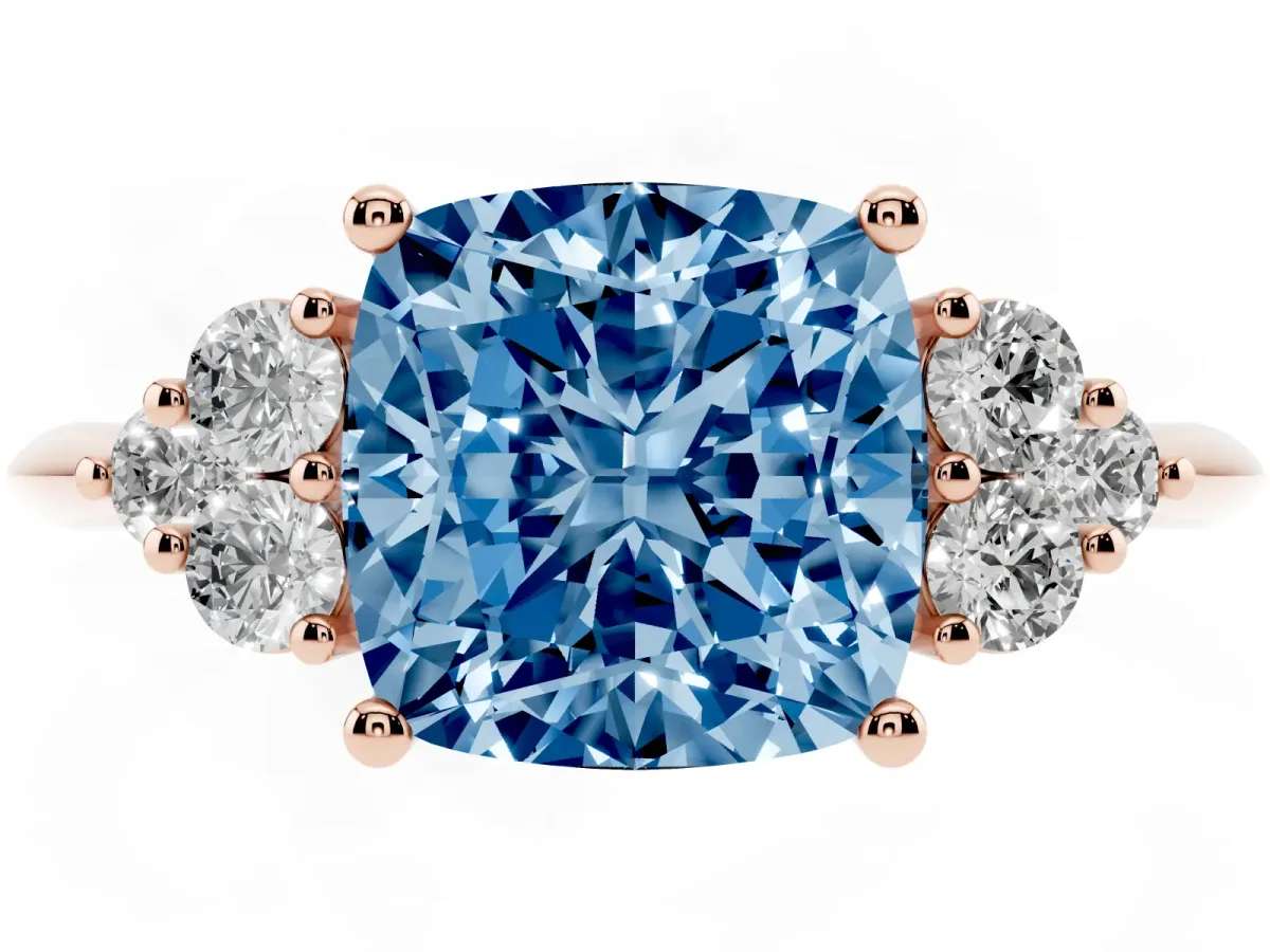 Fancy Blue Cushion Cut Cut Diamond Cluster Ring with Solitaire Band and Four-Prong Setting Rose gold