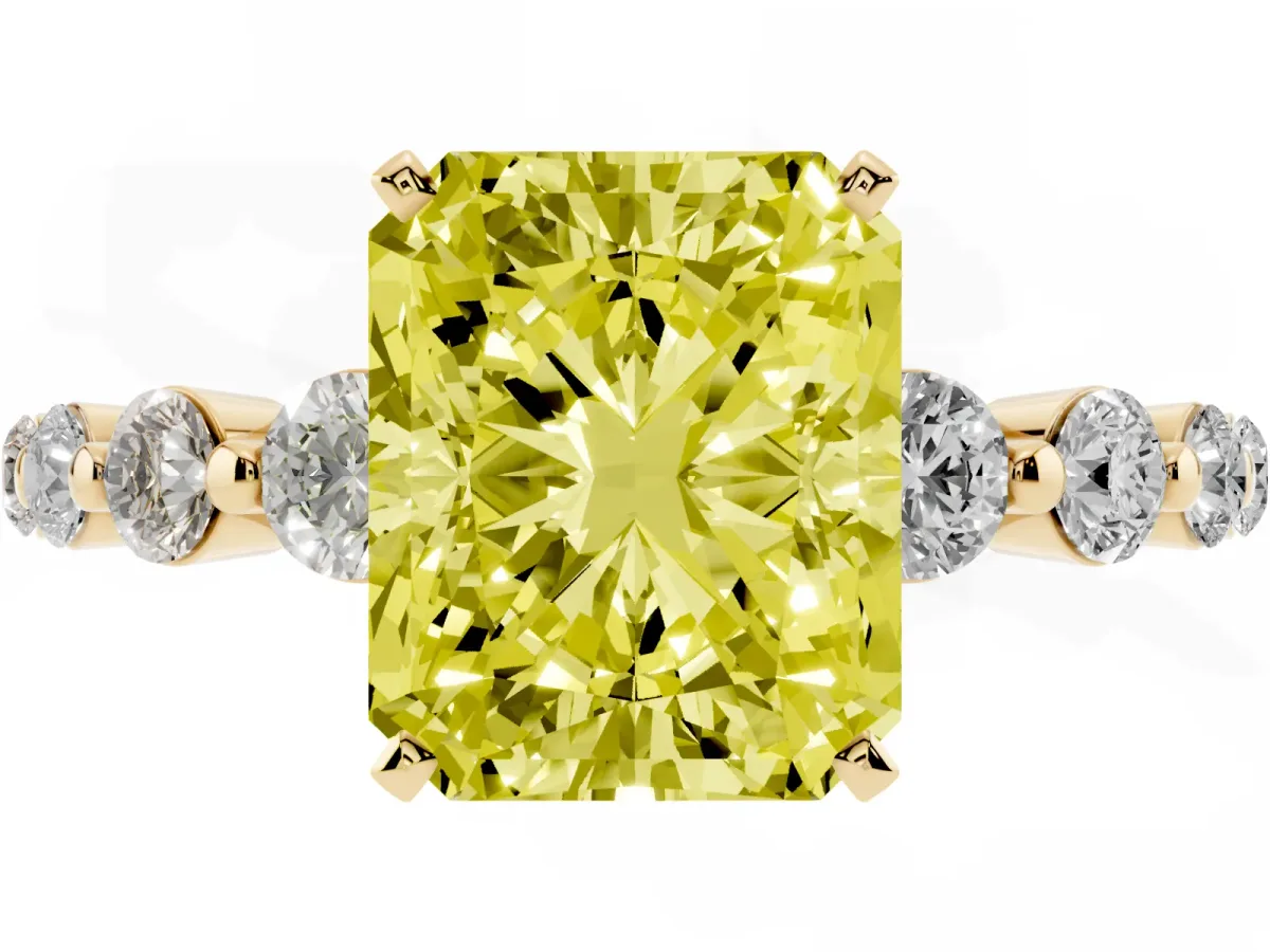 Fancy Yellow Radiant Cut Solitaire Diamond Ring with Pave Band and Four-Prong Setting Yellow gold