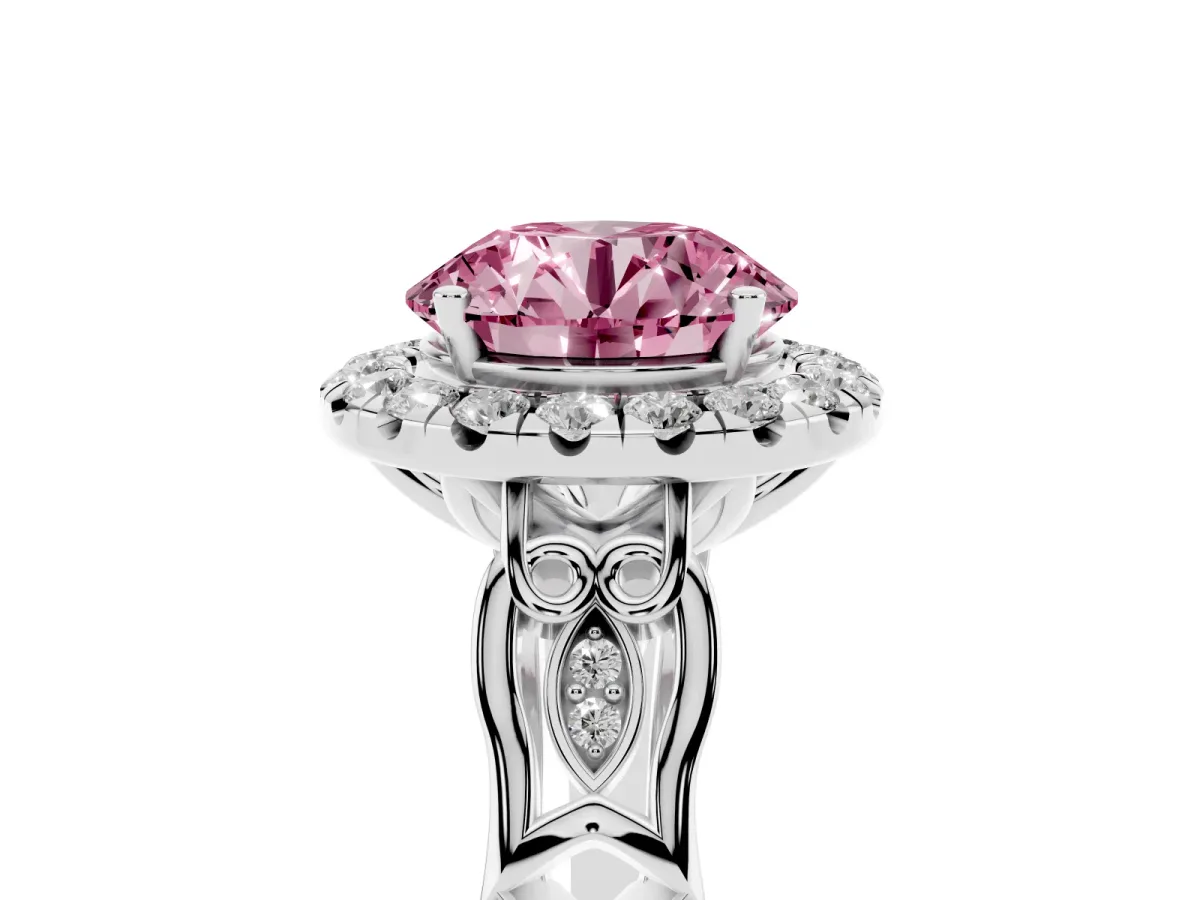 Fancy Pink Round Cut Halo Diamond Engagement Ring with Filigree Band and Four-Prong Setting Silver
