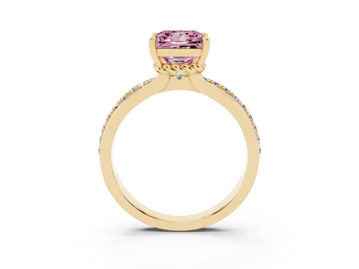 Fancy Pink Princess Cut Solitaire Diamond Ring with Channel Set Band and Six-Prong Setting Yellow gold