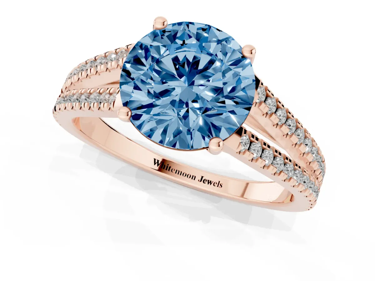 Fancy Blue Round Cut Diamond Solitaire Engagement Ring with Split Shank Pavé Band Rose gold