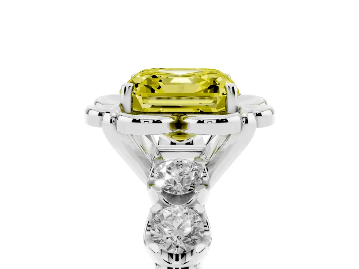 Fancy Yellow Asscher Cut Cut Diamond Floral Halo Engagement Ring with Shared Prong Setting Silver