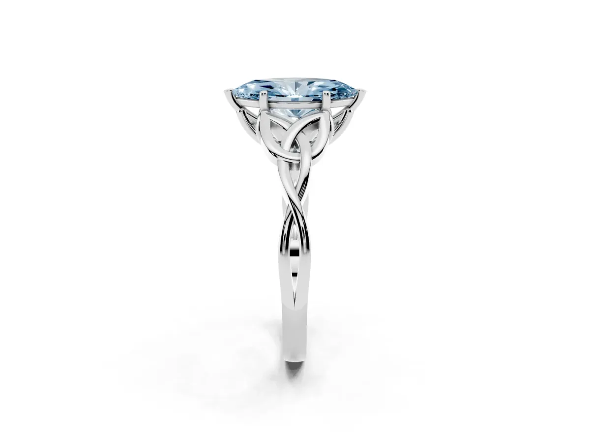 Fancy Blue Marquise Cut Diamond Solitaire Engagement Ring with Celtic Knot Band and Four-Prong Setting Platinum