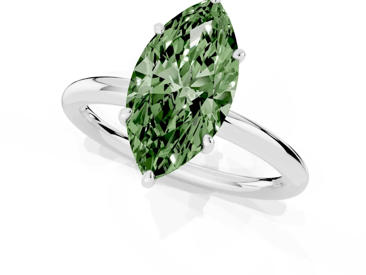 Fancy Green Oval Cut Solitaire Diamond Ring with Four-Prong Setting on a Plain Band Silver