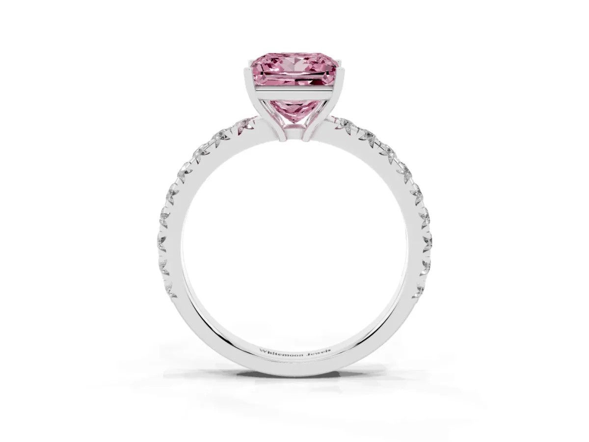 Fancy Pink Princess Cut Diamond Pavé Solitaire Engagement Ring with Four-Prong Setting Silver