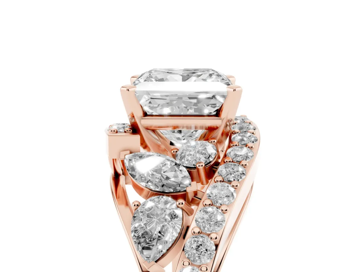 Princess Cut Diamond Halo Ring with Marquise and Pavé Band in Prong Setting Rose gold