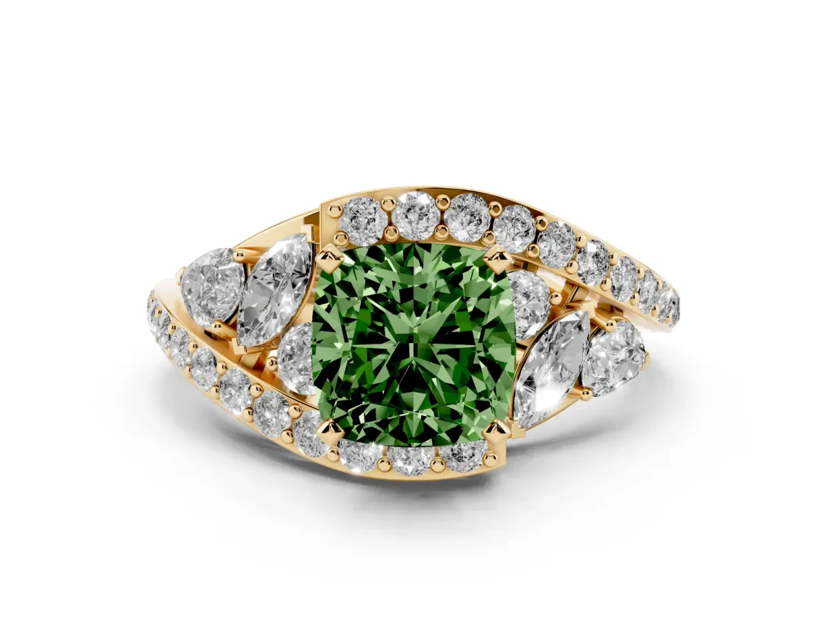 Fancy Green Cushion Cut Diamond Halo Ring with Marquise and Pavé Band in Prong Setting Yellow gold