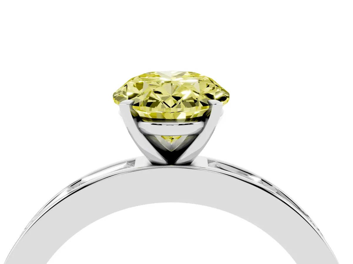 Fancy Yellow Oval Cut Solitaire Diamond Ring with Channel-Set Baguette Band and Four-Prong Setting Silver
