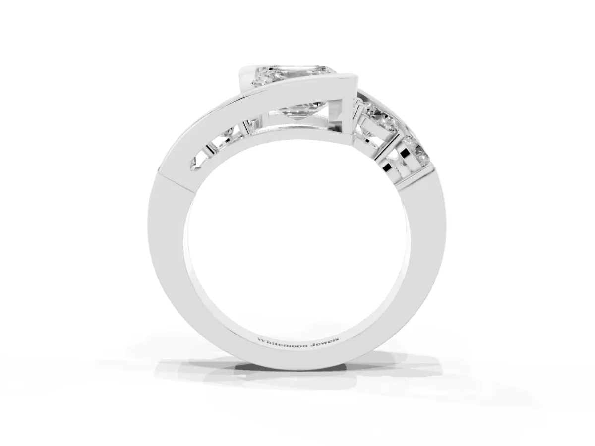 Bezel Set Asscher Cut Diamond Bypass Ring with Round Accents White gold