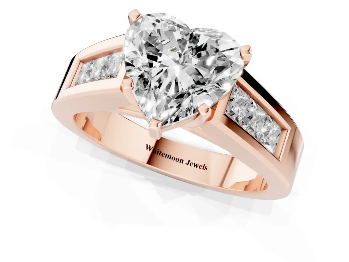 Heart Cut Cut Channel Set Solitaire Ring with Four-Prong Setting Rose gold
