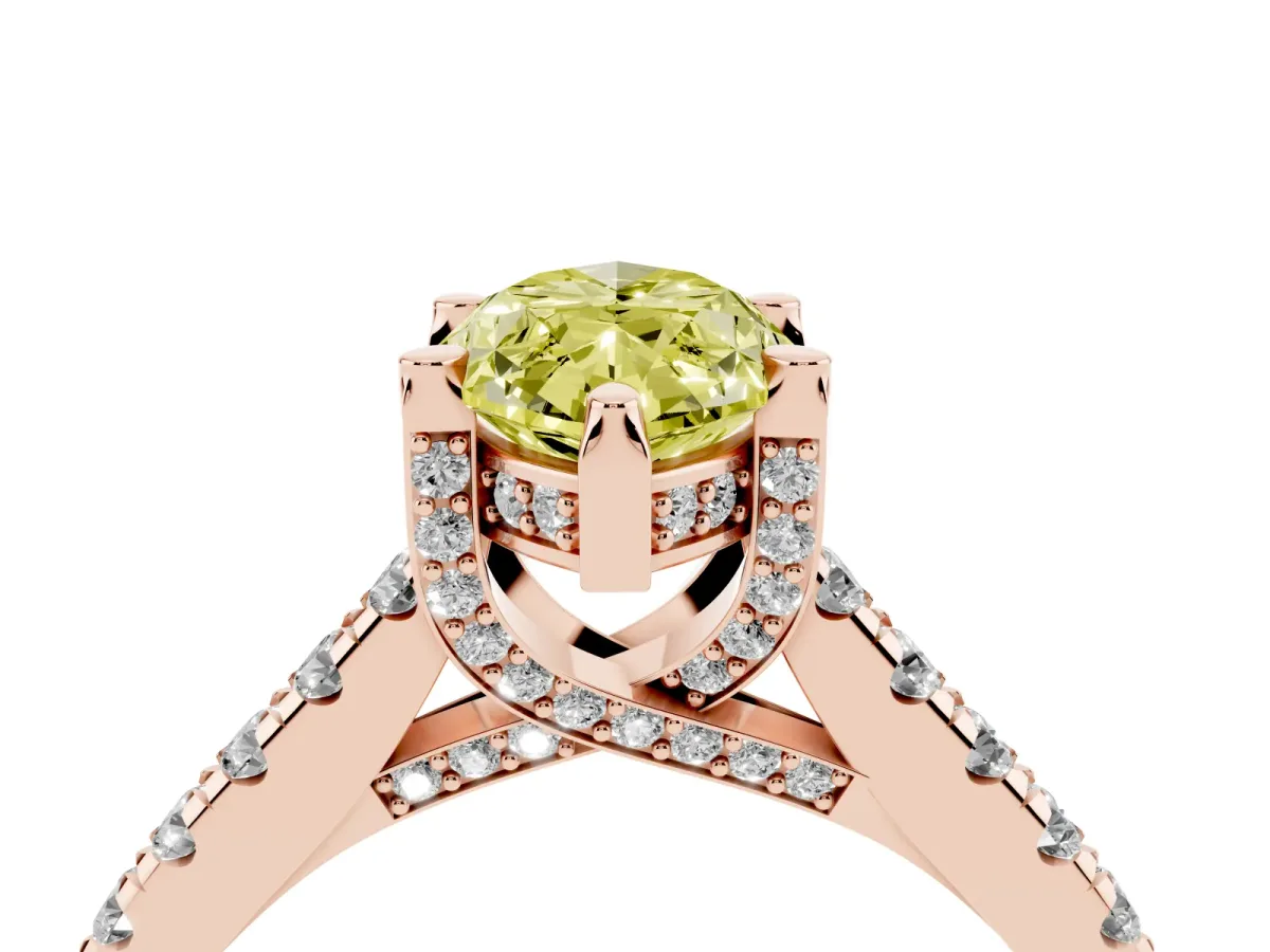 Fancy Yellow Marquise Cut Brilliant Diamond Solitaire with Pavé Band and Four-Prong Setting Rose gold